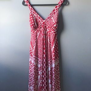 Ankle length red and white summer dress,